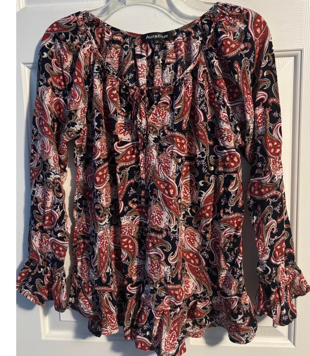 AuraBlue Paisley Ruffle Peplum Blouse Top Bell Sleeve Red Navy Womens Medium M